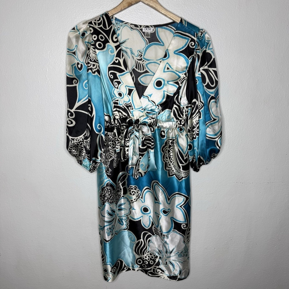 Vintage‎ Cache Blue Silk Plunge V-neck Dress Batwing Sleeve Womens 2 Floral Y2K